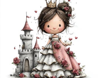 28 Whimsical Fantasy Princess Clipart Bundle, Castle Royal Girl Illustration Set, Printable Art, Papercraft, Junk Journal, High-Quality JPGs