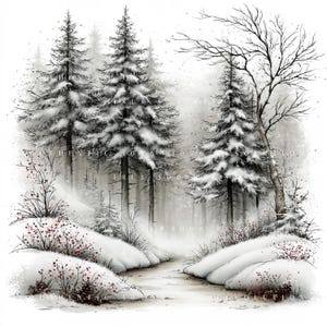 35 vinterlandskapsclipart, nyckfullt snöigt skogspaket, bergslandskapsset, utskrivbar konst, papperspyssel, skräpjournal, högkvalitativa JPG-bilder