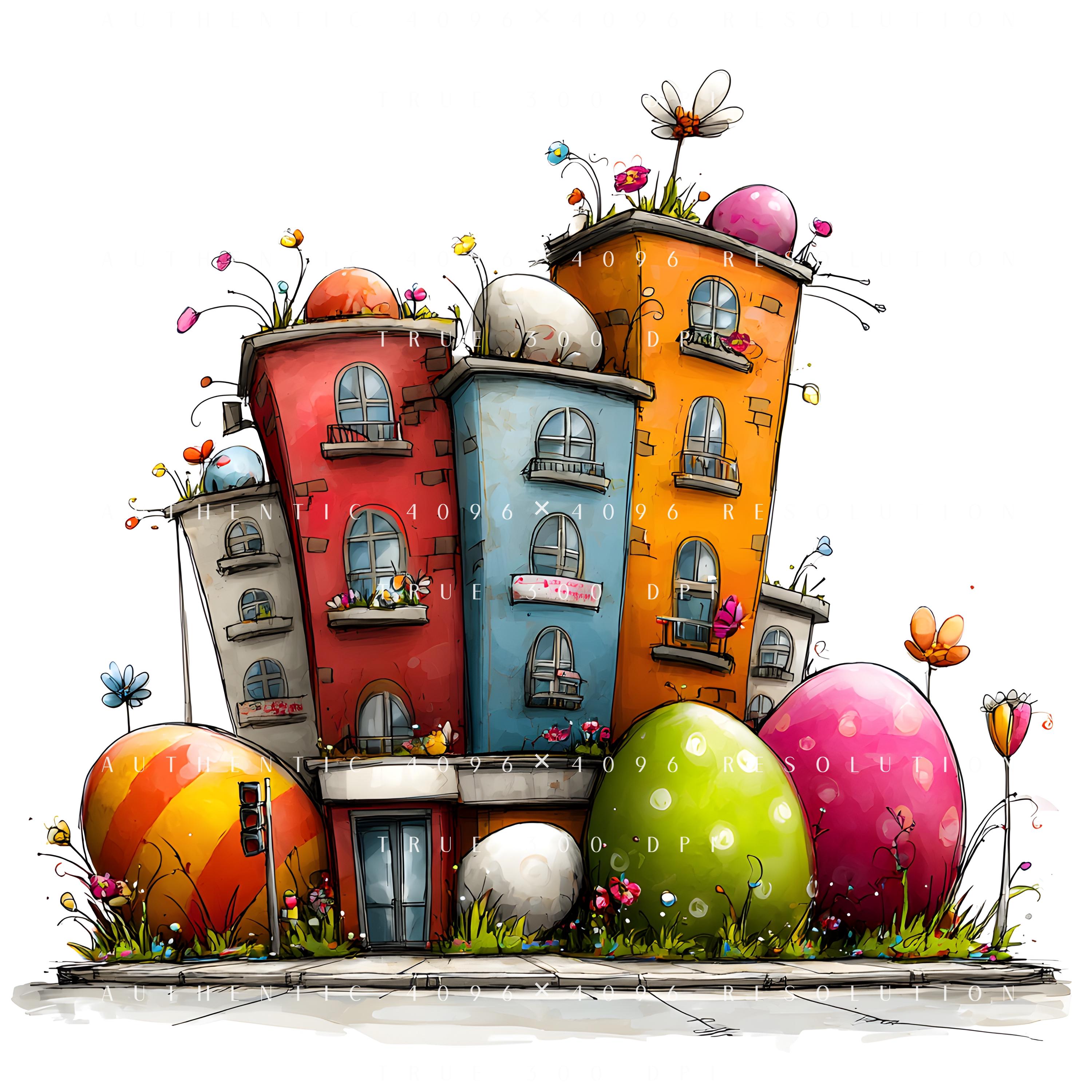 20 Whimsical Easter Building Clipart, Egg-roof Houses, Spring Shops ...