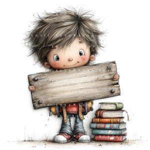May include: A cartoon illustration of a young child holding a wooden sign. The child has brown hair, rosy cheeks, and is wearing a backpack and red sneakers. A stack of books is next to the child. The sign has text on it.