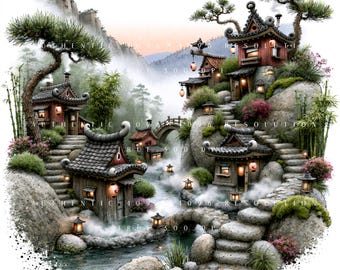 37 Japan Landscape Clipart Bundle, Whimsical Pagoda Village Art, Asian Nature Set Printable Art, Papercraft, Junk Journal, High-Quality JPGs