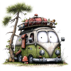 Könnte beinhalten: Eine Cartoon-Illustration eines grünen und weißen Campingbusses, der neben einer Kiefer geparkt ist. Der Bus hat einen Dachträger, der mit einem roten Schlafsack, Pflanzen und Eicheln beladen ist. Ein rot-weißer Fliegenpilz steht am Boden.