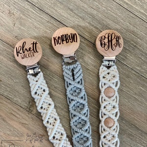 Personalized Paci Clip Engraved Pacifier Clip Wooden engraved and Macrame/wood Paci clip and Beads Paci not included