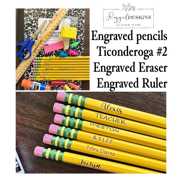 Engraved Pencils with name Ticonderoga #2 personalized pencils personalized erasers and wooden rollers. Personalized back to school