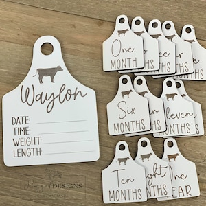 Cow Tag Personalized Baby name Announcement Wooden engraved Plaque|Wood Milestone Photo Props for each month