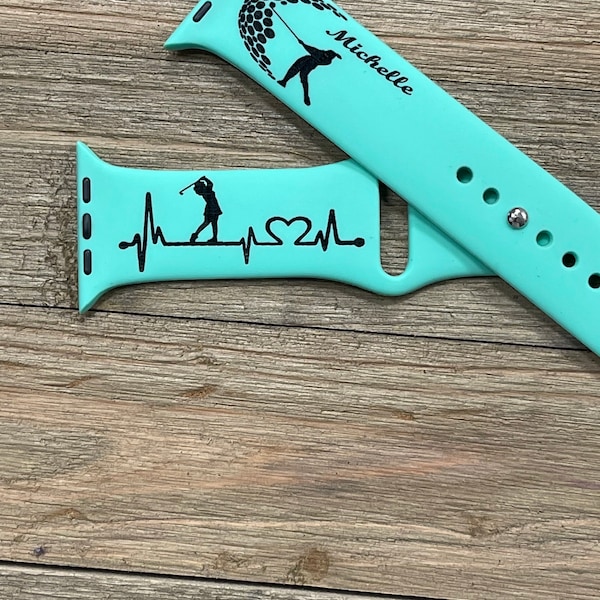 Ladies golf watch band. Custom engraved silicon watch band. Apple compatible.