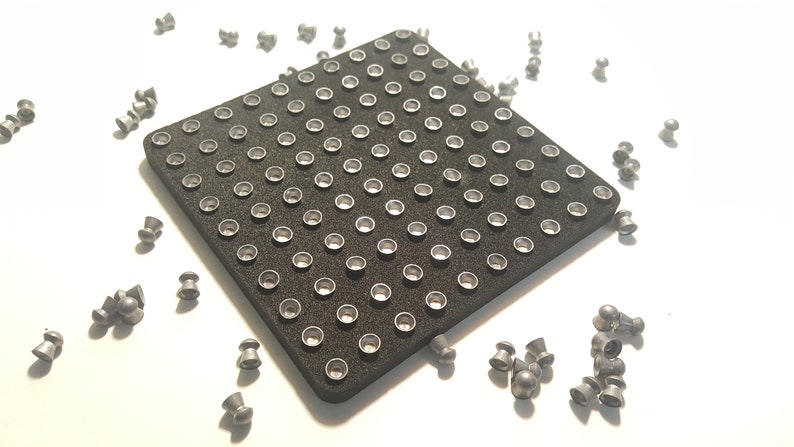 May include: A black square-shaped pellet tray with a grid of round indentations. The tray is surrounded by a scattering of silver-colored round pellets.