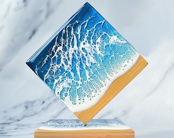 Handmade Coasters bamboo ocean wave art blue turquoise teal emerald, set of 4 or 6 made of wood and resin, unique gift, handmade