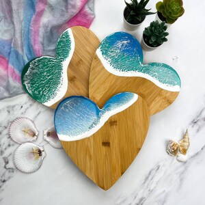 Handmade Ocean Sea Wave Heart Bamboo Serving Board, Chopping Board, charcuterie board, cheese board, resin decorated board, resin board image 2