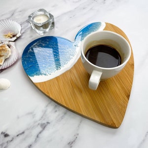 Handmade Ocean Sea Wave Heart Bamboo Serving Board, Chopping Board, charcuterie board, cheese board, resin decorated board, resin board image 7