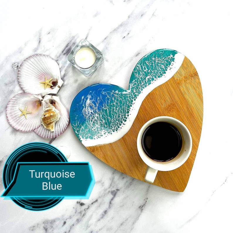 Handmade Ocean Sea Wave Heart Bamboo Serving Board, Chopping Board, charcuterie board, cheese board, resin decorated board, resin board image 4