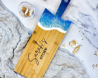 Personalised Laser Engraved Ocean Resin Paddle Chop Board, Engraved Resin Cutting Board, Ocean Charcuterie board, Handmade ocean resin art