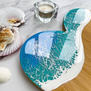 Handmade Ocean Sea Wave Heart Bamboo Serving Board, Chopping Board, charcuterie board, cheese board, resin decorated board, resin board image 5