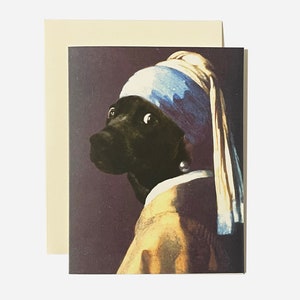 Hunde Kunstkarte - Hundegrußkarte A2 Karte für Kunstliebhaber- Lustige künstlerische Welpen Karte - Inspiriert von Mädchen mit einem Perlenohrring + Umschlag