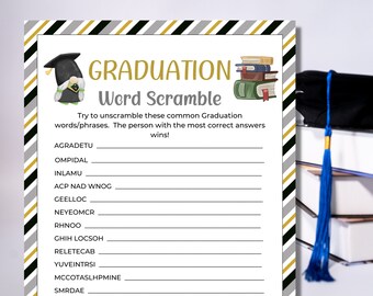 May include: A graduation word scramble game sheet with a black, white, and gold striped border. The header reads GRADUATION Word Scramble, featuring a gnome in a cap and a stack of books. It lists twelve scrambled words with blank lines for answers.