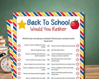 Puede incluir: Una hoja de juego Back To School Would You Rather con un borde a rayas rojas, blancas, azules y amarillas. El texto incluye preguntas como Have a never ending summer break OR Have a never ending winter break, con una estrella amarilla y una manzana roja.