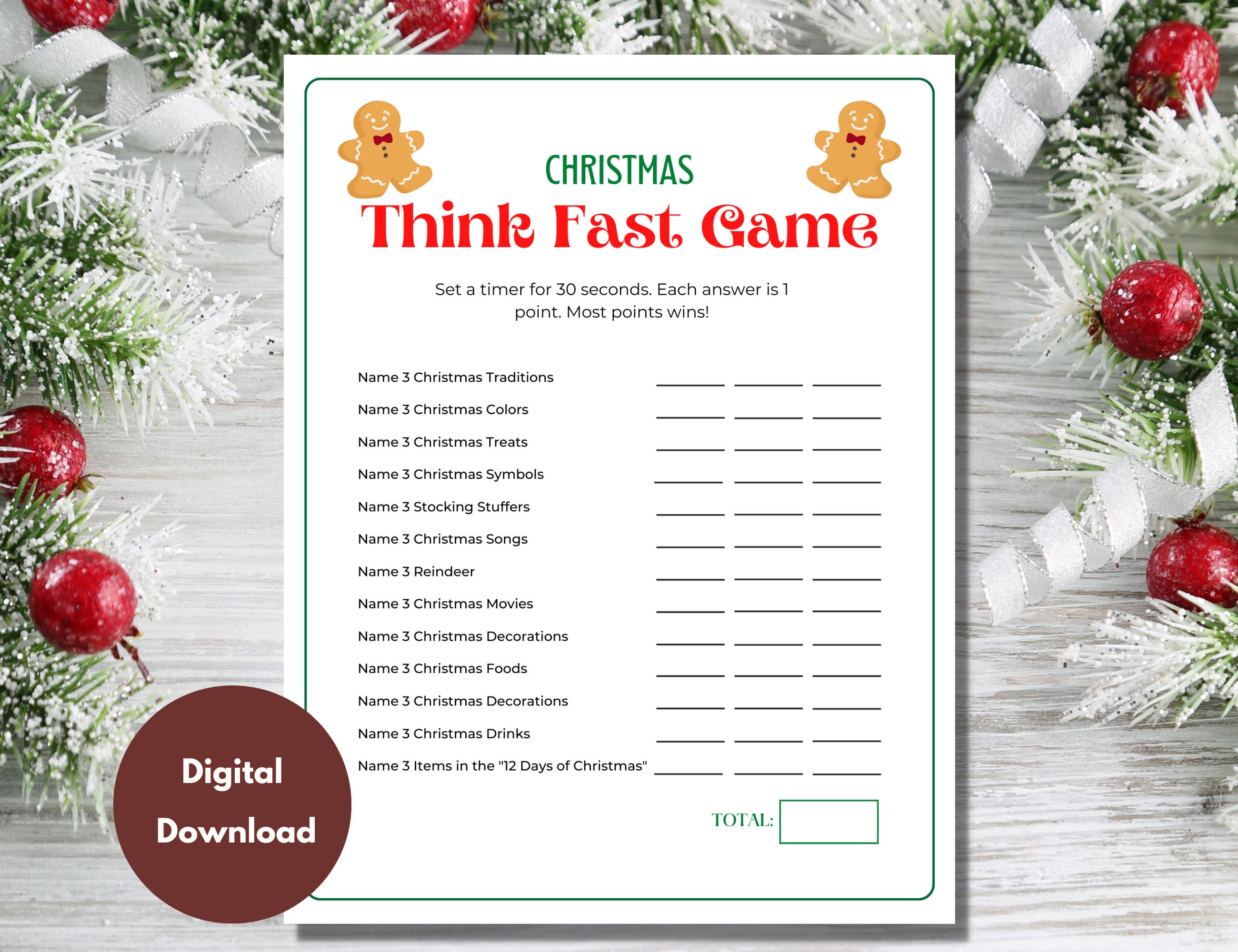 Christmas Think Fast Printable Game Instant Download for 