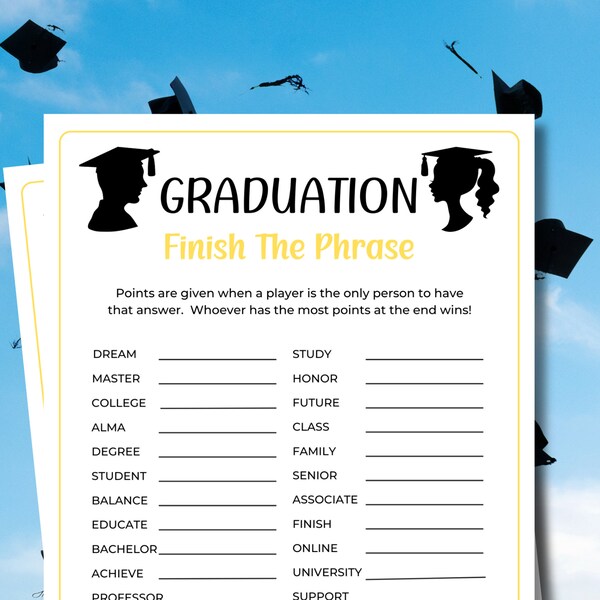 Graduation Finish the Phrase | Fill in the Blank | 2024 Graduation Games | Graduation Family Games | Graduation Party | Printable Games