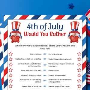 4th of July Would You Rather | 4th of July This or That | 4th of July Games | Party Games | Family Game | Printable Games | Independence Day
