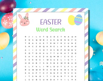 May include: A rectangular Easter word search puzzle sheet with a pastel striped border. The top features a pink bunny face and two colorful eggs. The text reads EASTER Word Search, followed by a grid of letters on a white background.