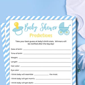 Carte de prédictions de bébé | Prédictions de baby shower | Jeux de baby shower imprimables | Shower de bébé garçon | Jeu de devinettes pour bébé | Jeu de société
