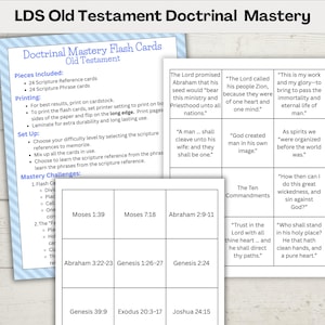 Op de afbeelding: Flashcards voor LDS Old Testament Doctrinal Mastery. De kaarten, wit met zwarte tekst, bevatten Schriftverwijzingen en zinnen. Instructies voor afdrukken en gebruik zijn inbegrepen. Ideaal voor memorisatie en uitdagingen.