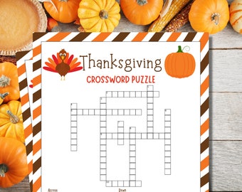Puede incluir: Un crucigrama de Acción de Gracias impreso en una hoja blanca con un borde de rayas diagonales marrones y naranjas. La página presenta una ilustración de un pavo marrón, un gráfico de calabaza naranja y el texto Thanksgiving CROSSWORD PUZZLE.