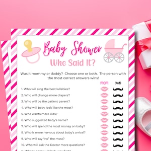 Mama oder Papa Spiel | Mama oder Papa erratet wer Spiel | Druckbare Babyparty Spiele | Gesellschaftsspiel | Baby Girl Party | Raten Sie mal, wer es gesagt hat