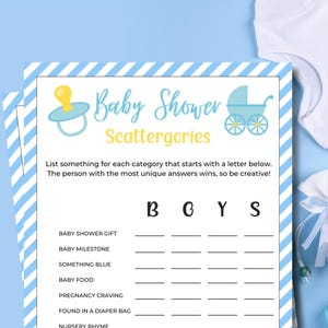Verstrooiing babyshower | Spel Scattergorieën | Afdrukbare babyshowergames | Feestspel | Babyshower voor jongens | Minimalistisch Scattergories-spel