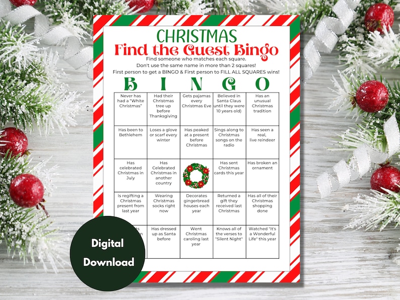 Christmas Find the Guest Bingo Ice Breaker Game Mix & Mingle Game Find