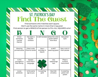 St Patrick&#39;s Day Find the Guest Bingo, Ice breaker game, Mix & Mingle Game, St Patrick&#39;s Day Games, Party Games, St Patrick&#39;s Day Bingo