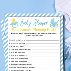 Chi conosce la mamma? Il miglior gioco per il baby shower / Quanto conosci bene la mamma? / Giochi stampabili per il baby shower / Giochi per feste / Baby shower per maschietti