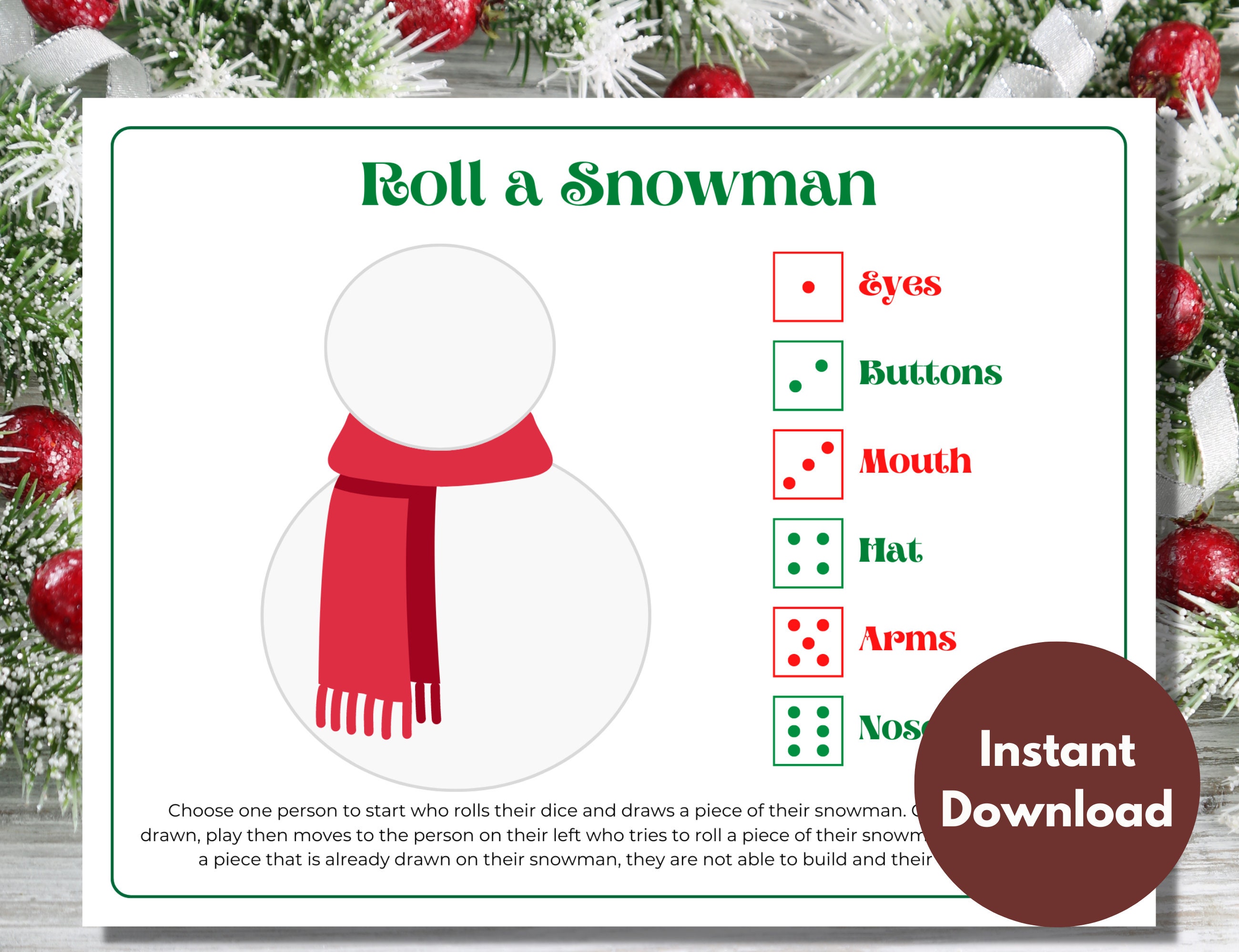 Roll a Snowman, Dice Game, Christmas Drawing Game, Printable Christmas