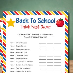 Back to School Think Fast Game | Back to School Trivia Game | Back to School Games | Icebreaker Games | Printable Games | Classroom Games