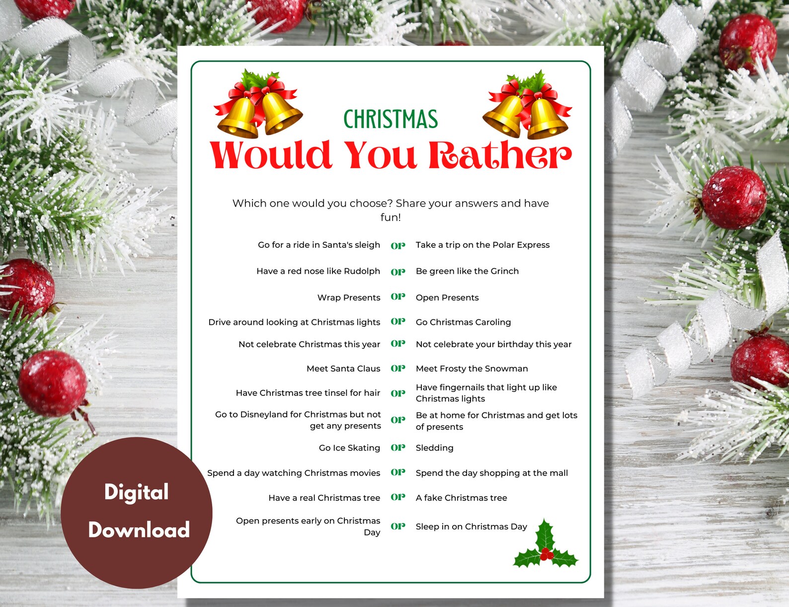 Christmas Games, Christmas Would You Rather, This or That, Printable
