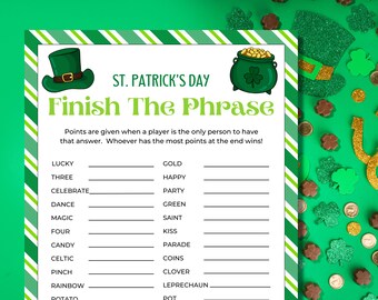 St Patrick's Day Finish the Phrase Game, Fill in the Blank, St Patrick's Day Games, St Patrick's Day Family Games, Group Games, Printable