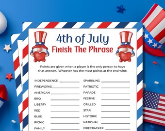 4th of July Finish the Phrase | Fill in the Blank | 4th of July Games | Family Games | Printable Games | Independence Day | Party Games