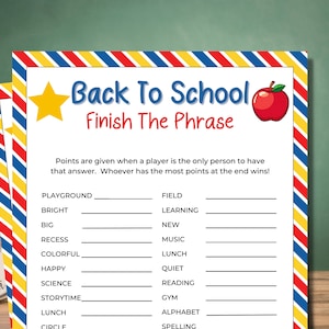 Back to School Finish the Phrase | Fill in the Blank | Back to School Games | Printable Games | First Day of School | Classroom Games