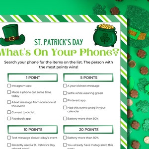 St Patrick&#39;s Day What&#39;s On Your Phone Game, Scavenger Hunt, St Patrick&#39;s Day Games, St Patrick&#39;s Day Party Games, Family Games, Printable