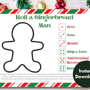 Roll a Gingerbread Man, Christmas Drawing Game, Dice Game, Christmas Games, Kids Game, Family Game Night, Family Games, Printable Games