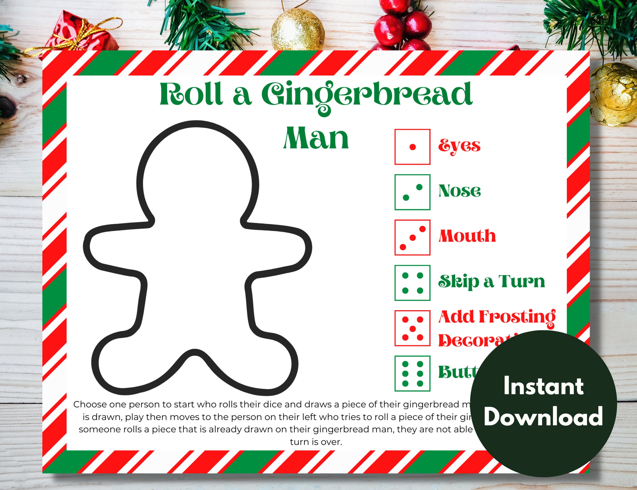 Roll a Gingerbread Man, Christmas Drawing Game, Dice Game, Christmas Games, Kids Game, Family Game Night, Family Games, Printable Games