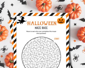 May include: A Halloween Maze Race activity sheet featuring a circular maze, a black witch silhouette, and an orange jack-o'-lantern icon. The page has a black and orange striped border and includes the text HALLOWEEN MAZE RACE and Race to see who can complete the maze the quickest!