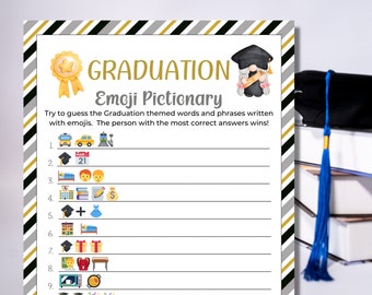 May include: A graduation emoji pictionary game sheet with a black, white, and gold striped border. The text reads Graduation Emoji Pictionary, followed by instructions and nine numbered lines with emoji sequences for guessing.