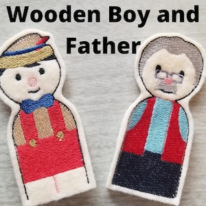 Wooden Boy and Father, Embroidered Felt Finger Puppets, Storybook Puppets, Sold Individually or as a Set