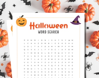 May include: A white paper sheet featuring a Halloween word search puzzle with orange text reading Halloween and black text reading WORD SEARCH. The page includes a small orange jack-o'-lantern and a purple witch hat graphic at the top.