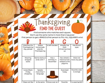 Thanksgiving Find the Guest Bingo | Ice breaker game | Mix & Mingle Game | Find Someone Who | Thanksgiving Games | Printable Games