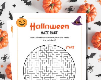 May include: A white paper activity sheet titled Halloween Maze Race with the text Race to see who can complete the maze the quickest! The sheet features a circular black-lined maze, an orange jack-o'-lantern, and a purple witch hat graphic.