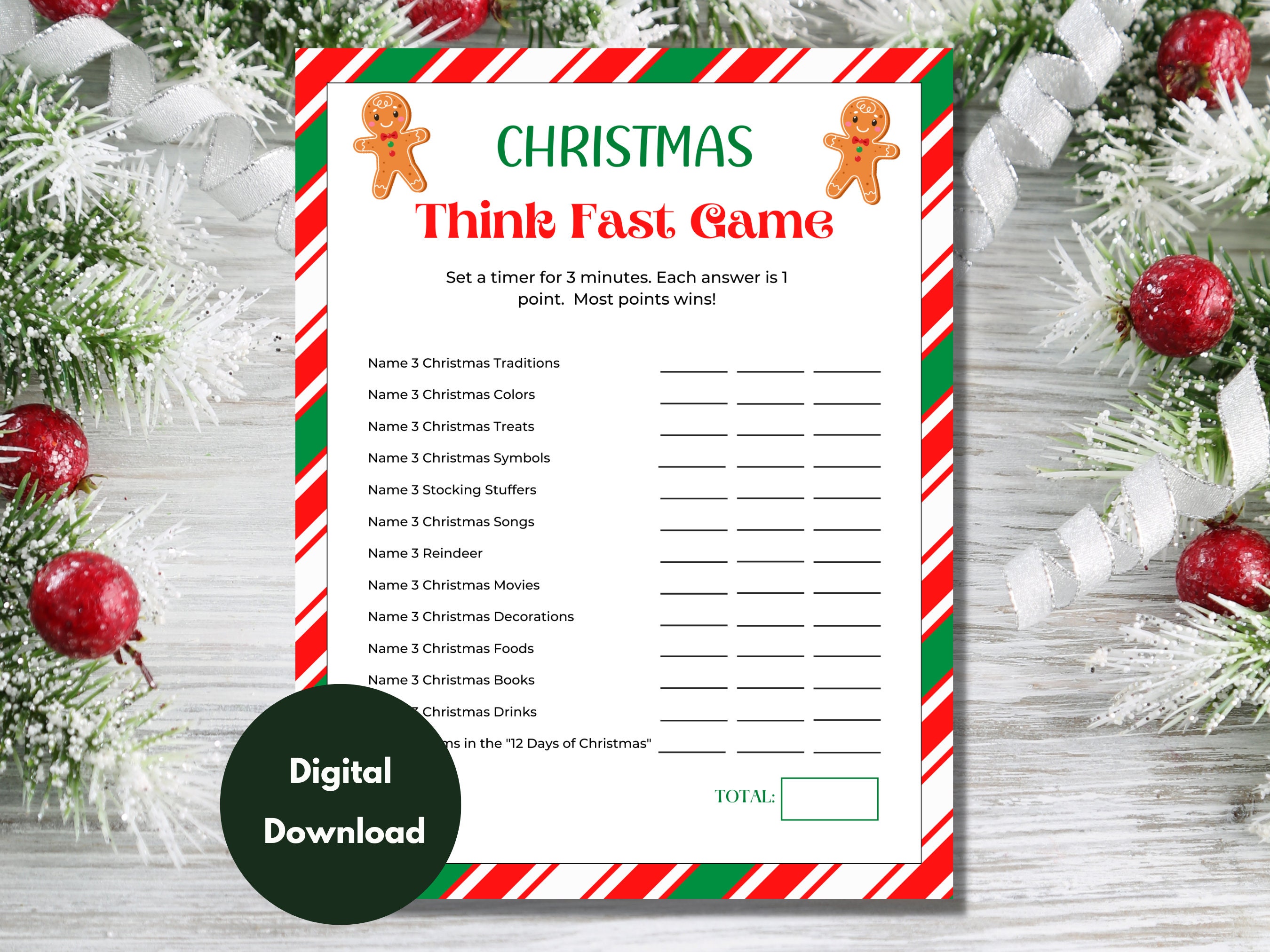 Christmas Think Fast Printable Game Instant Download for 