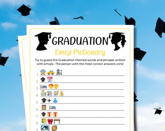 May include: A white graduation emoji pictionary game sheet with a yellow border. The header features black silhouettes of two graduates and the text GRADUATION Emoji Pictionary. Below are nine numbered lines with emoji sequences.