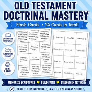 Könnte beinhalten: Ein Set aus 24 Old Testament Doctrinal Mastery Lernkarten. Die Karten enthalten Schriftstellen und Referenzen wie Moses 1:39, Genesis 1:26-27 und The Ten Commandments. Das Set ist für das Studium der heiligen Schriften konzipiert.